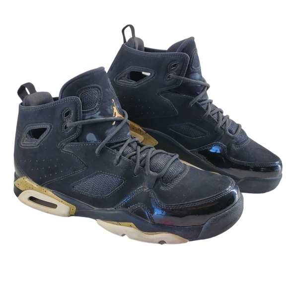 Nike Air Jordan Flight Club 91 Shoes Black Gold 2017 Youth 7Y Wmn 8.5 555472-031 - Picture 1 of 15